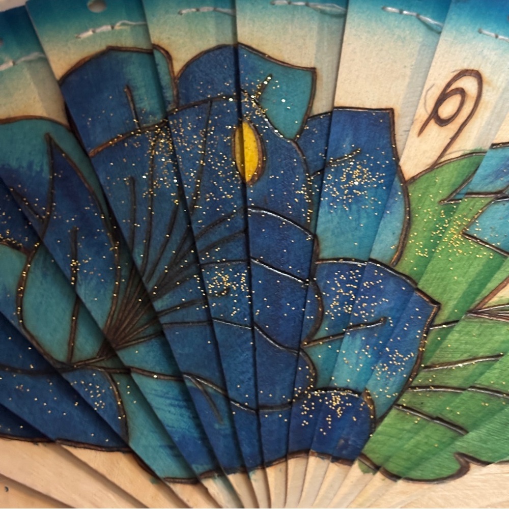 Wooden foldable asian fan floral signed